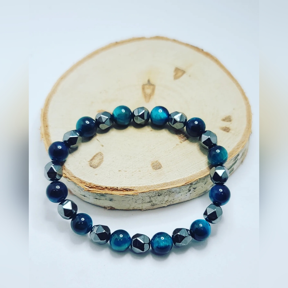 Blue Tiger Eye, Faceted Hematite Unisex bracelet 8 mm